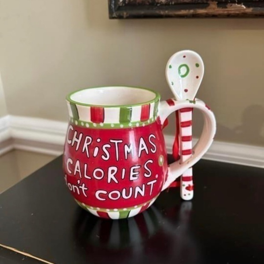 Christmas Calories Don't Count Big Mug With Spoon Cracker Barrel Ceramic Holiday